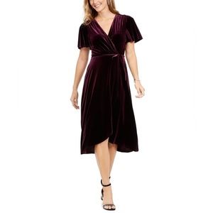 NWT Vince Camuto Flutter Sleeve Velvet Faux Wrap Midi Dress - Maroon - US 6